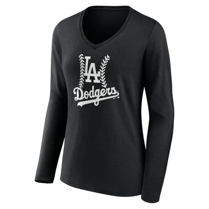 Los Angeles Dodgers Women's Fastball Long Sleeve V-Neck T-Shirt - Black