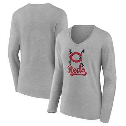 Cincinnati Reds Women's Fastball Long Sleeve V-Neck T-Shirt - Gray