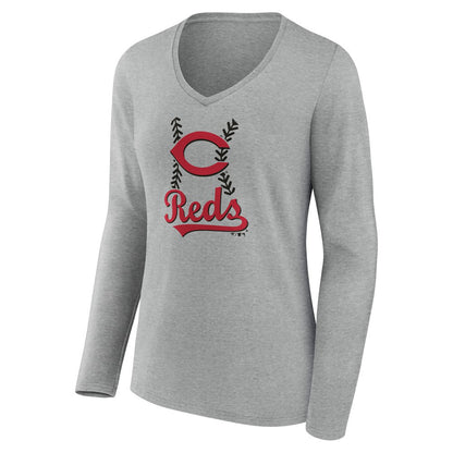 Cincinnati Reds Women's Fastball Long Sleeve V-Neck T-Shirt - Gray