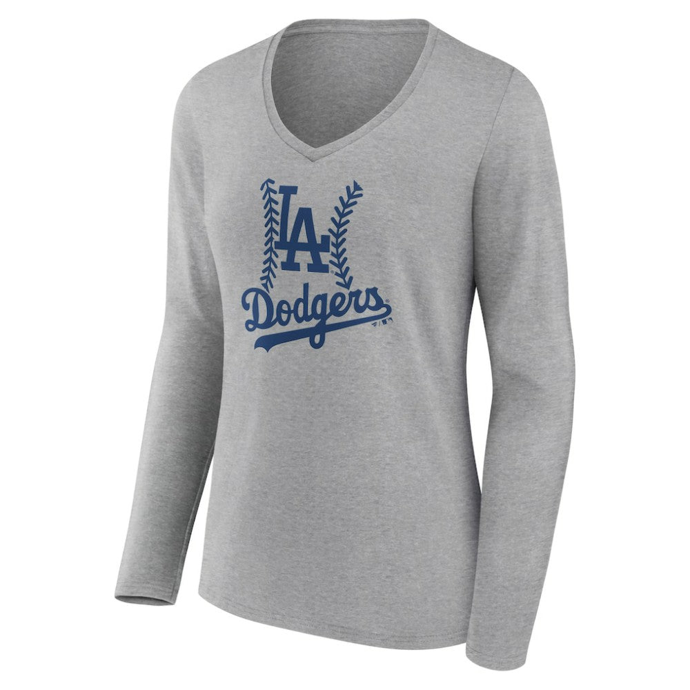 Los Angeles Dodgers Women's Fastball Long Sleeve V-Neck T-Shirt - Gray