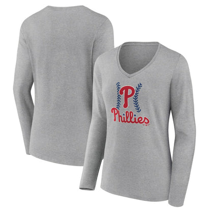 Philadelphia Phillies Women's Fastball Long Sleeve V-Neck T-Shirt - Gray