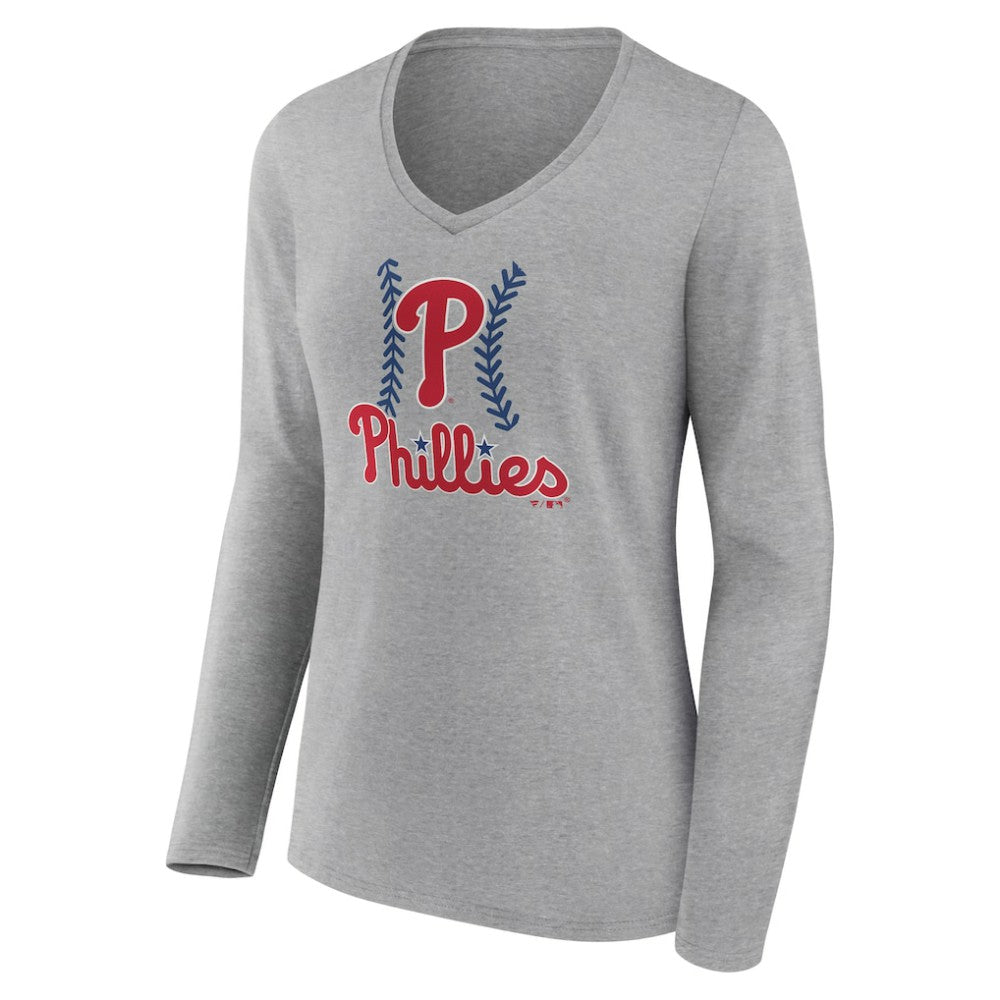 Philadelphia Phillies Women's Fastball Long Sleeve V-Neck T-Shirt - Gray