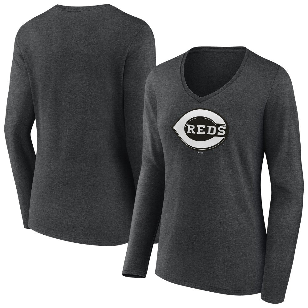 Cincinnati Reds Women's Monochrome Long Sleeve V-Neck T-Shirt - Charcoal