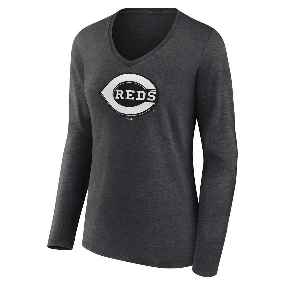 Cincinnati Reds Women's Monochrome Long Sleeve V-Neck T-Shirt - Charcoal