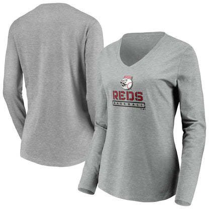 Cincinnati Reds Women's Evanston Stencil Long Sleeve V-Neck T-Shirt - Gray