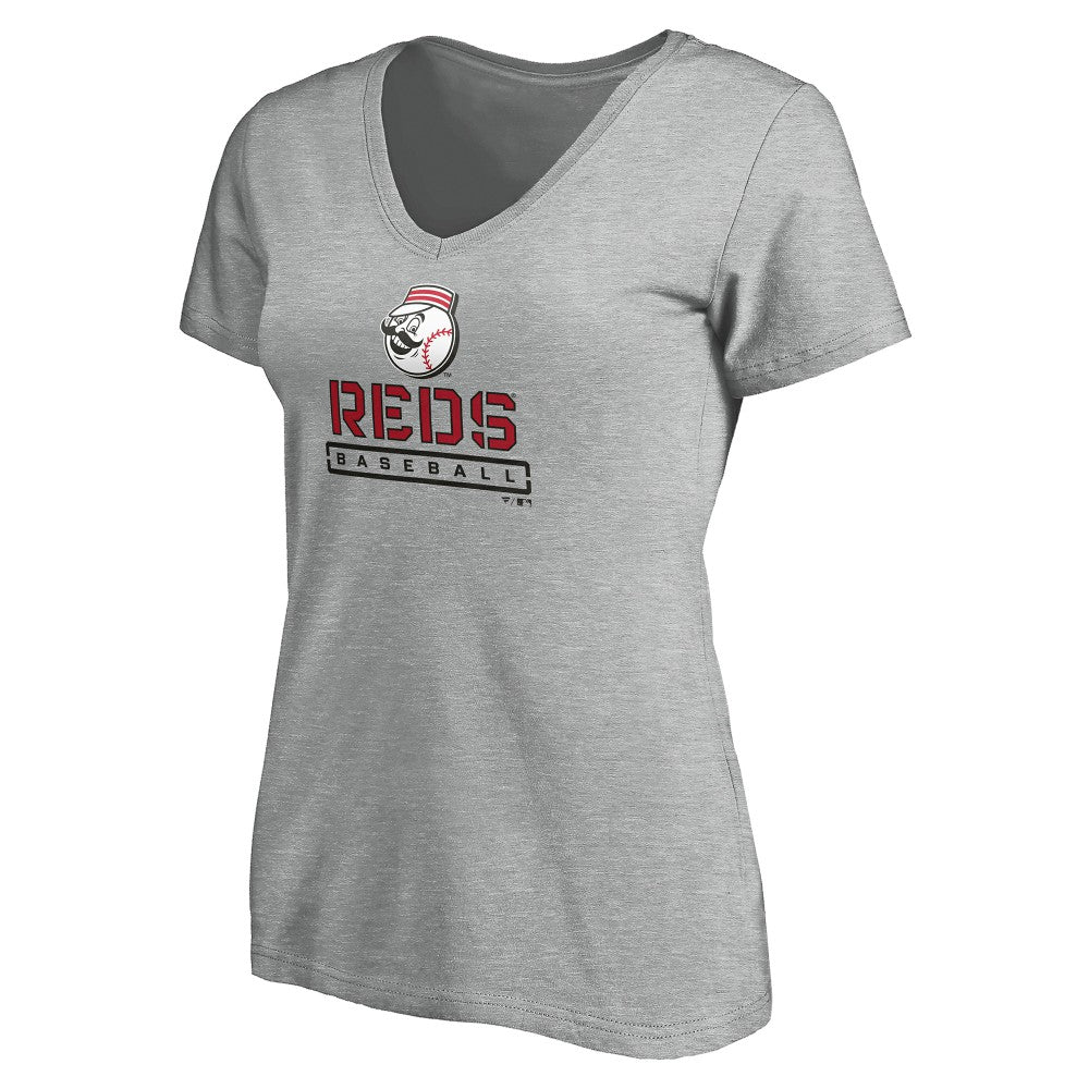 Cincinnati Reds Women's Evanston Stencil V-Neck T-Shirt - Gray