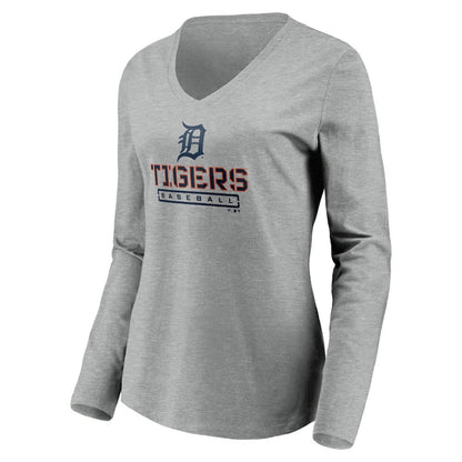 Detroit Tigers Women's Evanston Stencil Long Sleeve V-Neck T-Shirt - Gray
