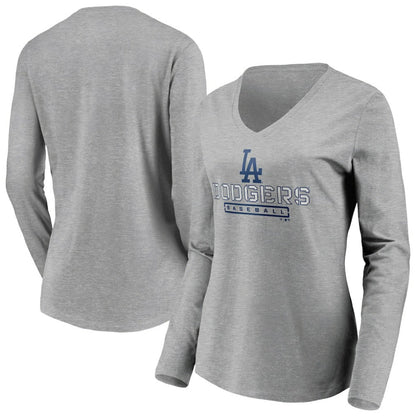 Los Angeles Dodgers Women's Evanston Stencil Long Sleeve V-Neck T-Shirt - Gray