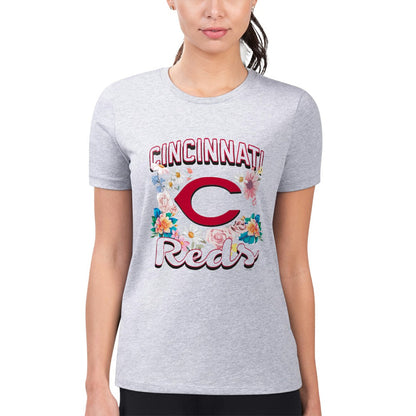 Cincinnati Reds G-III 4Her by Carl Banks Women's Super-Slim Fit Lightweight Flowers Graphic T-Shirt - Heather Gray