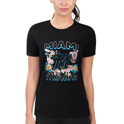 Miami Marlins G-III 4Her by Carl Banks Women's Super-Slim Fit Lightweight Flowers Graphic T-Shirt - Black