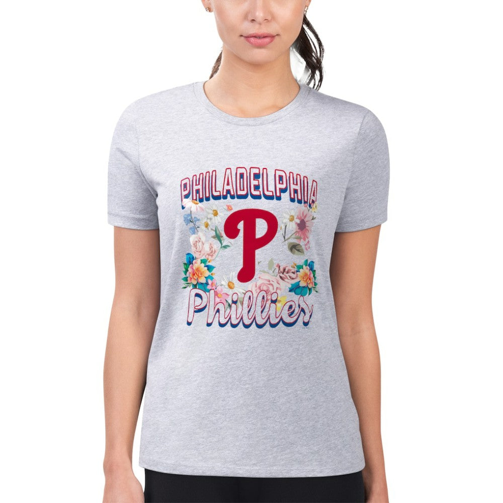 Philadelphia Phillies G-III 4Her by Carl Banks Women's Super-Slim Fit Lightweight Flowers Graphic T-Shirt - Heather Gray