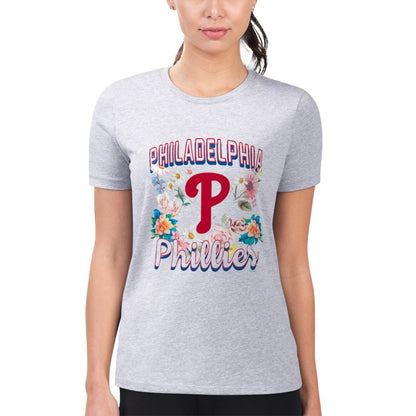 Philadelphia Phillies G-III 4Her by Carl Banks Women's Super-Slim Fit Lightweight Flowers Graphic T-Shirt - Heather Gray