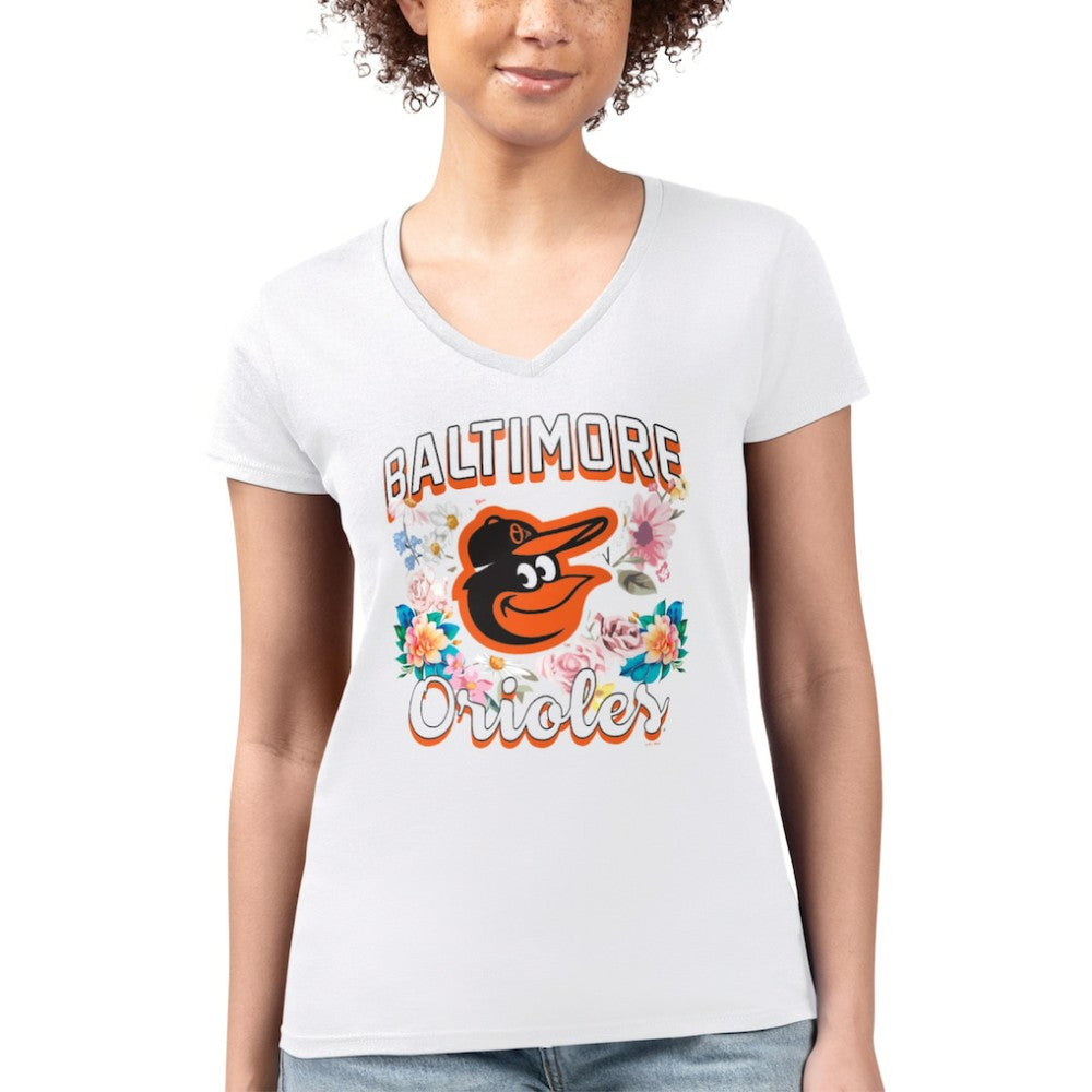 Baltimore Orioles G-III 4Her by Carl Banks Women's Super-Slim Fit Lightweight Flowers Graphic V-Neck T-Shirt - White