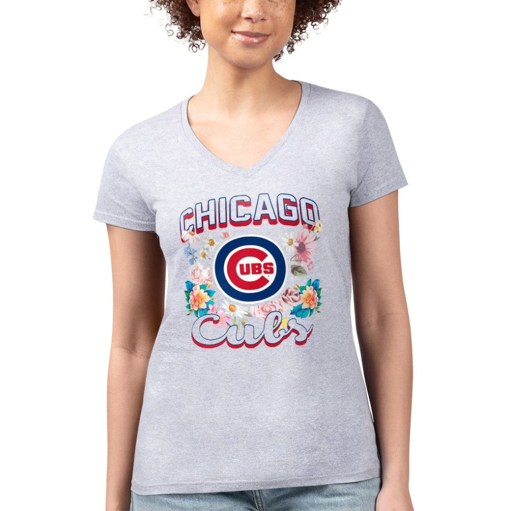 Chicago Cubs G-III 4Her by Carl Banks Women's Super-Slim Fit Lightweight Flowers Graphic V-Neck T-Shirt - Heather Gray