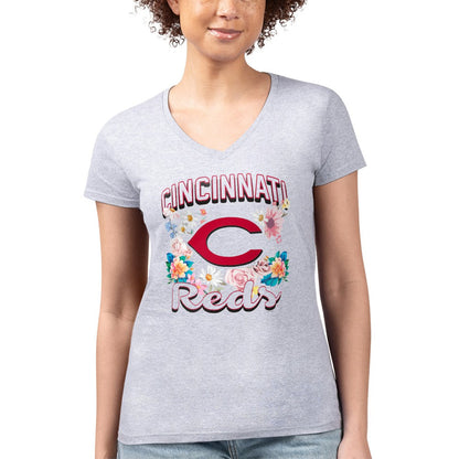 Cincinnati Reds G-III 4Her by Carl Banks Women's Super-Slim Fit Lightweight Flowers Graphic V-Neck T-Shirt - Heather Gray