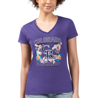 Colorado Rockies G-III 4Her by Carl Banks Women's Super-Slim Fit Lightweight Flowers Graphic V-Neck T-Shirt - Purple