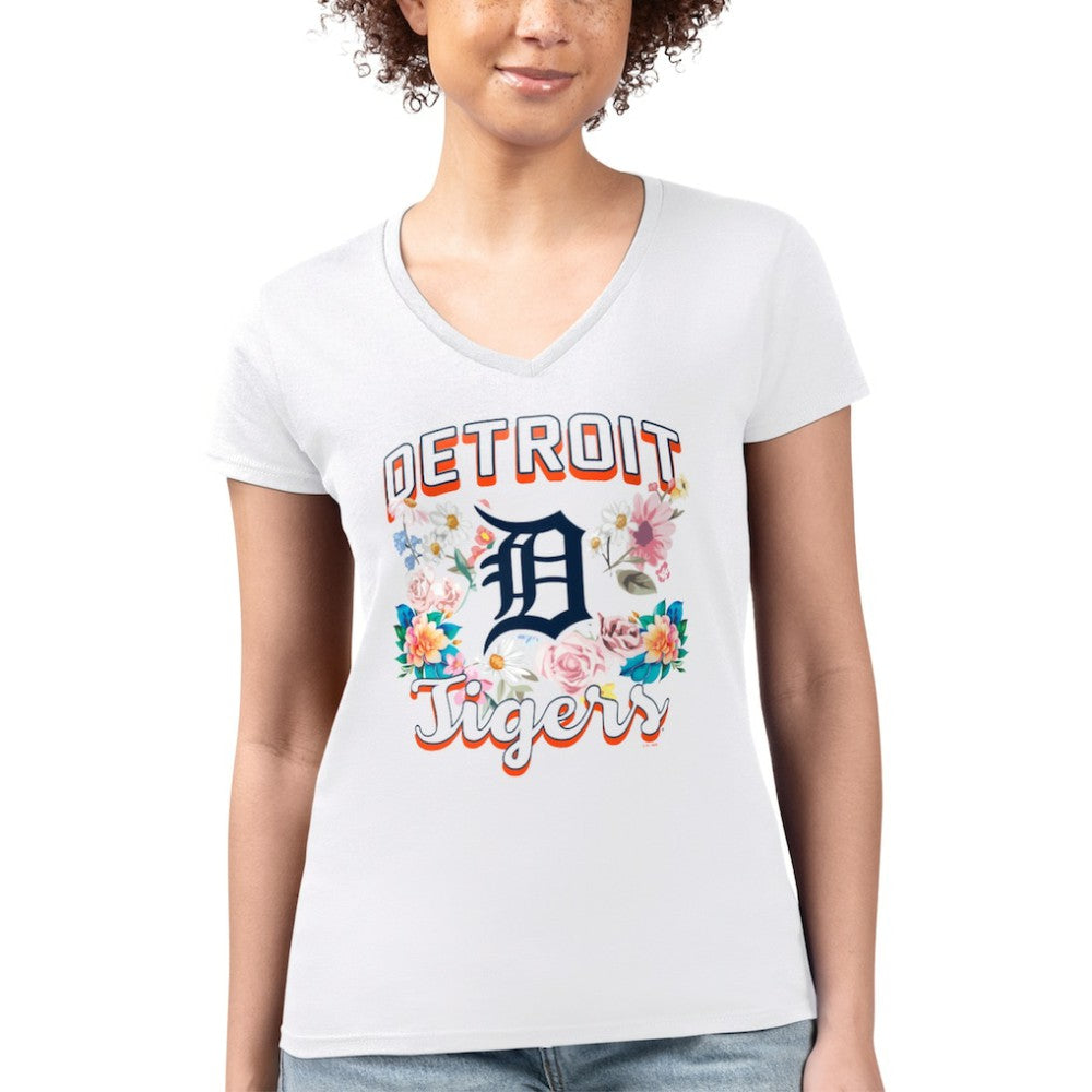 Detroit Tigers G-III 4Her by Carl Banks Women's Super-Slim Fit Lightweight Flowers Graphic V-Neck T-Shirt - White