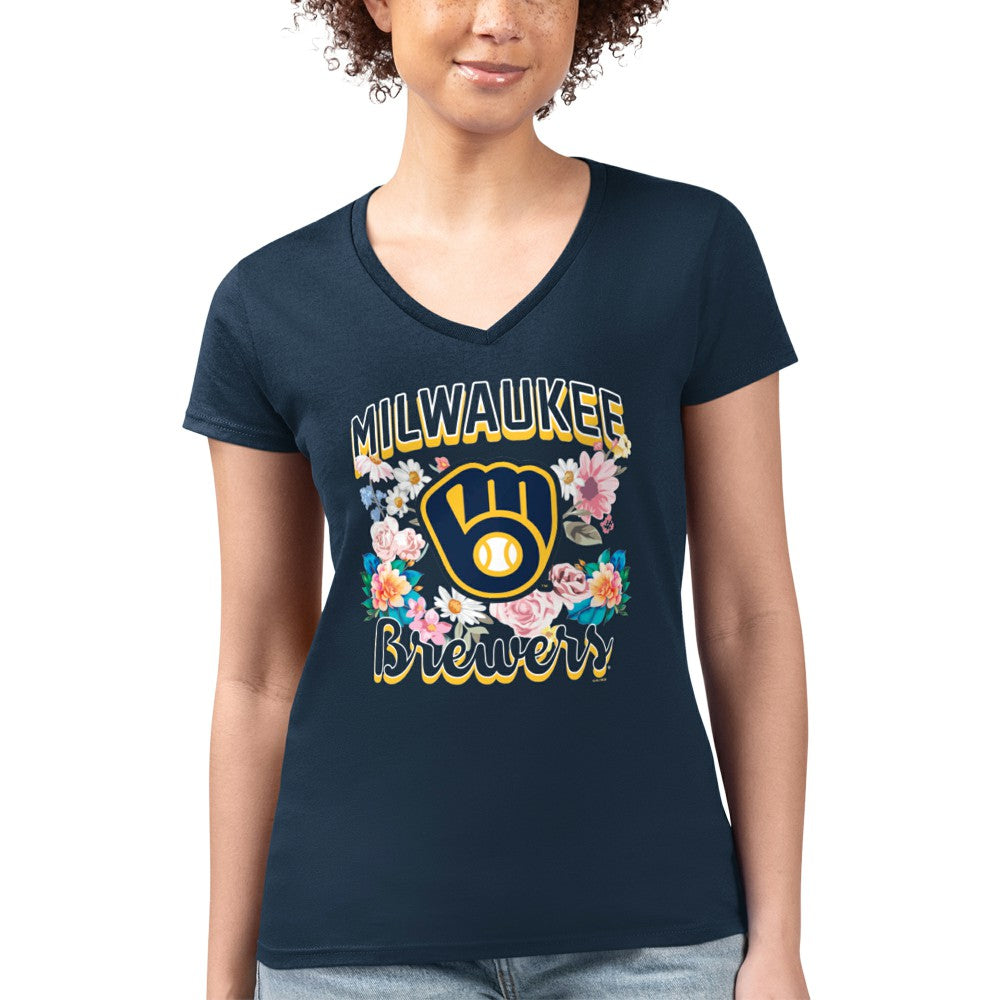 Milwaukee Brewers G-III 4Her by Carl Banks Women's Super-Slim Fit Lightweight Flowers Graphic V-Neck T-Shirt - Navy