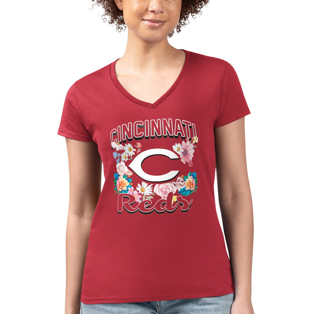 Cincinnati Reds G-III 4Her by Carl Banks Women's Super-Slim Fit Lightweight Flowers Graphic V-Neck T-Shirt - Red