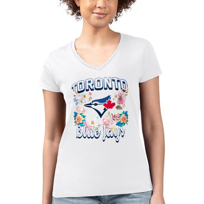 Toronto Blue Jays G-III 4Her by Carl Banks Women's Super-Slim Fit Lightweight Flowers Graphic V-Neck T-Shirt - White