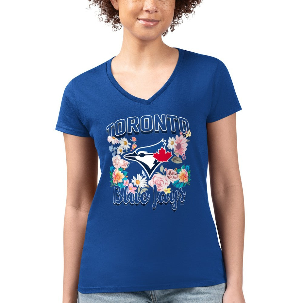 Toronto Blue Jays G-III 4Her by Carl Banks Women's Super-Slim Fit Lightweight Flowers Graphic V-Neck T-Shirt - Royal
