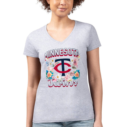 Minnesota Twins G-III 4Her by Carl Banks Women's Super-Slim Fit Lightweight Flowers Graphic V-Neck T-Shirt - Heather Gray