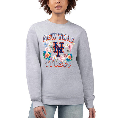 New York Mets G-III 4Her by Carl Banks Women's Flowers Graphic Pullover Sweatshirt - Heather Gray