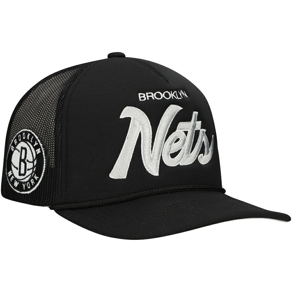 Brooklyn Nets Script Trucker Adjustable Hat - Black | Mitchell & Ness outlet