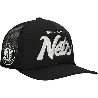 Brooklyn Nets Script Trucker Adjustable Hat - Black | Mitchell & Ness outlet
