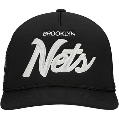 Brooklyn Nets Script Trucker Adjustable Hat - Black | Mitchell & Ness outlet