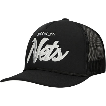 Brooklyn Nets Script Trucker Adjustable Hat - Black | Mitchell & Ness outlet