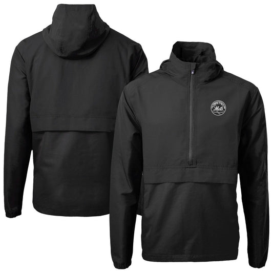 New York Mets Cutter & Buck Charter Eco Recycled Anorak Half-Zip Hoodie Jacket - Black