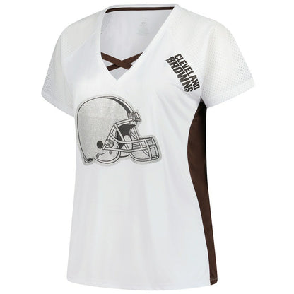 Cleveland Browns Women's Plus Size Glitter Lace-Up V- Neck T-Shirt - White outlet