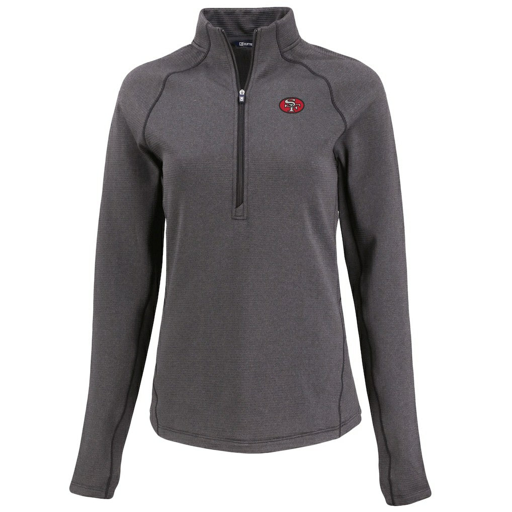 San Francisco 49ers Cutter & Buck Women's Peshastin Eco Fleece Recycled Tri-Blend Raglan Half-Zip Jacket - Heather Black for sale