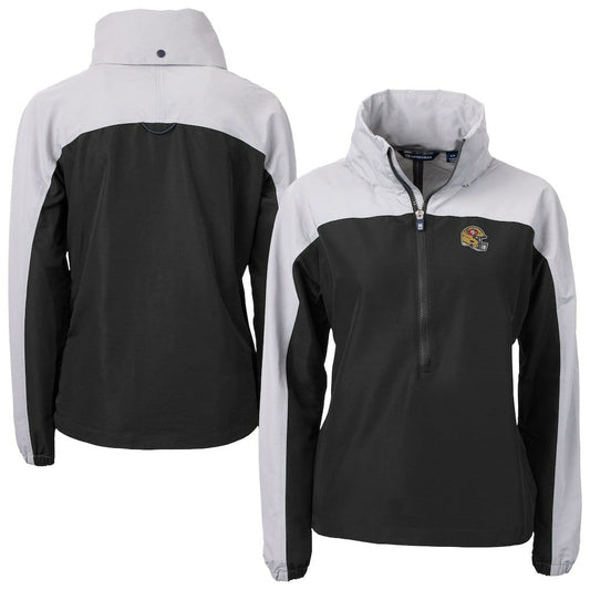 San Francisco 49ers Cutter & Buck Women's Charter Eco Recycled Half-Zip Hooded Anorak Jacket - Black for sale