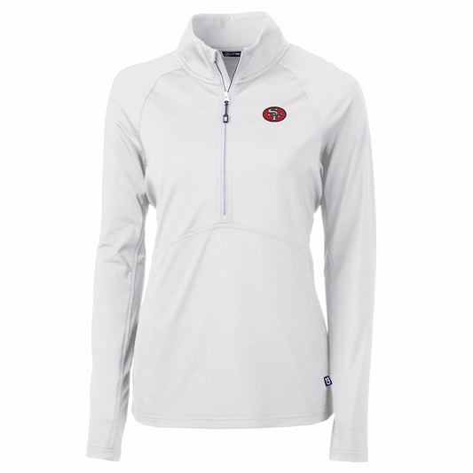 San Francisco 49ers Cutter & Buck Women's Adapt Eco Knit Stretch Recycled Raglan Half-Zip Top - White for sale
