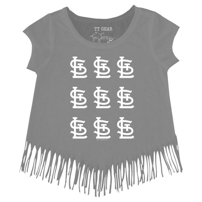 St. Louis Cardinals Tiny Turnip Girls Youth Logo Grid Fringe T-Shirt - Gray