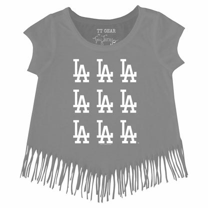Los Angeles Dodgers Tiny Turnip Girls Youth Logo Grid Fringe T-Shirt - Gray