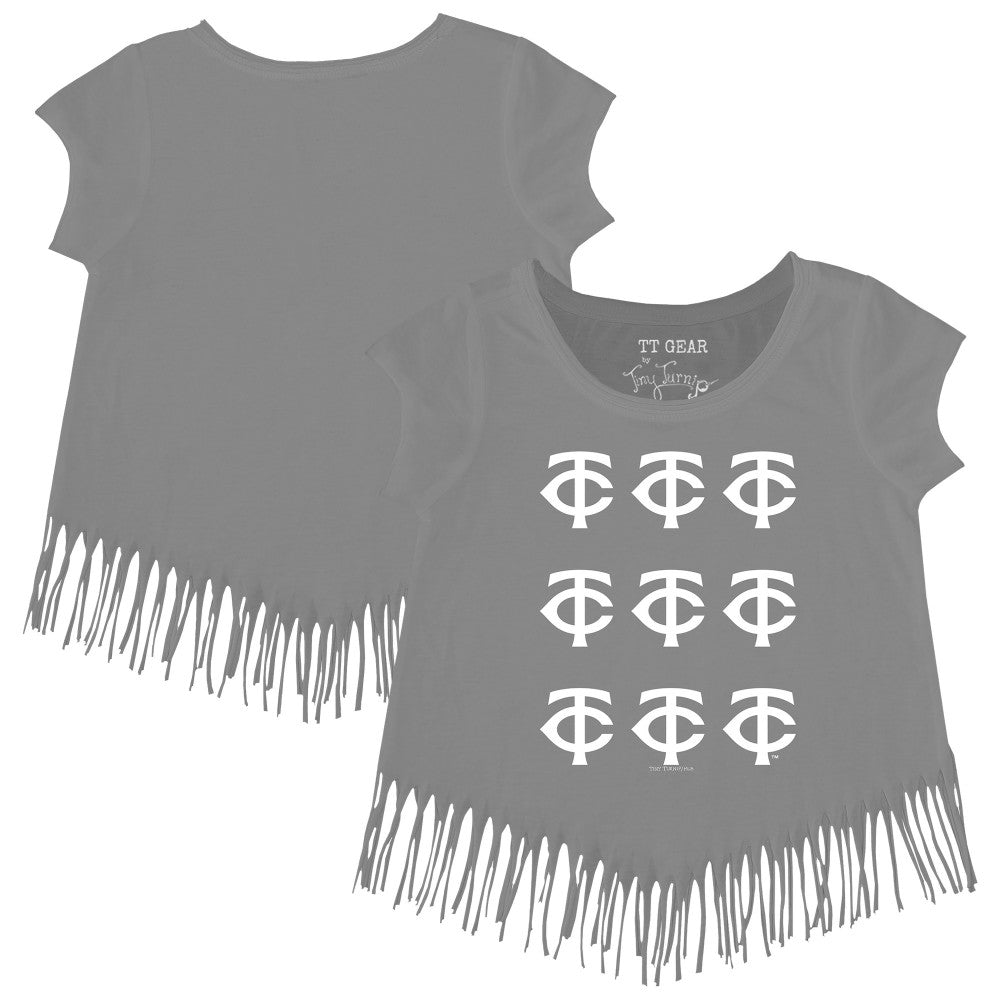 Minnesota Twins Tiny Turnip Girls Youth Logo Grid Fringe T-Shirt - Gray