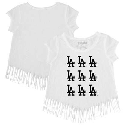 Los Angeles Dodgers Tiny Turnip Girls Youth Logo Grid Fringe T-Shirt - White
