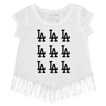 Los Angeles Dodgers Tiny Turnip Girls Youth Logo Grid Fringe T-Shirt - White