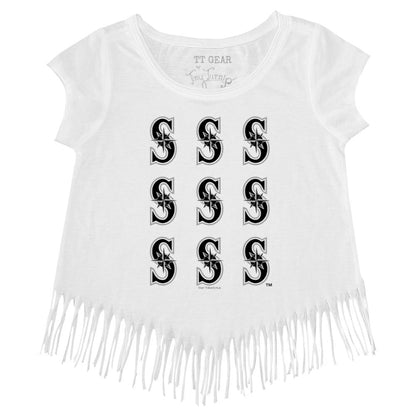 Seattle Mariners Tiny Turnip Girls Youth Logo Grid Fringe T-Shirt - White