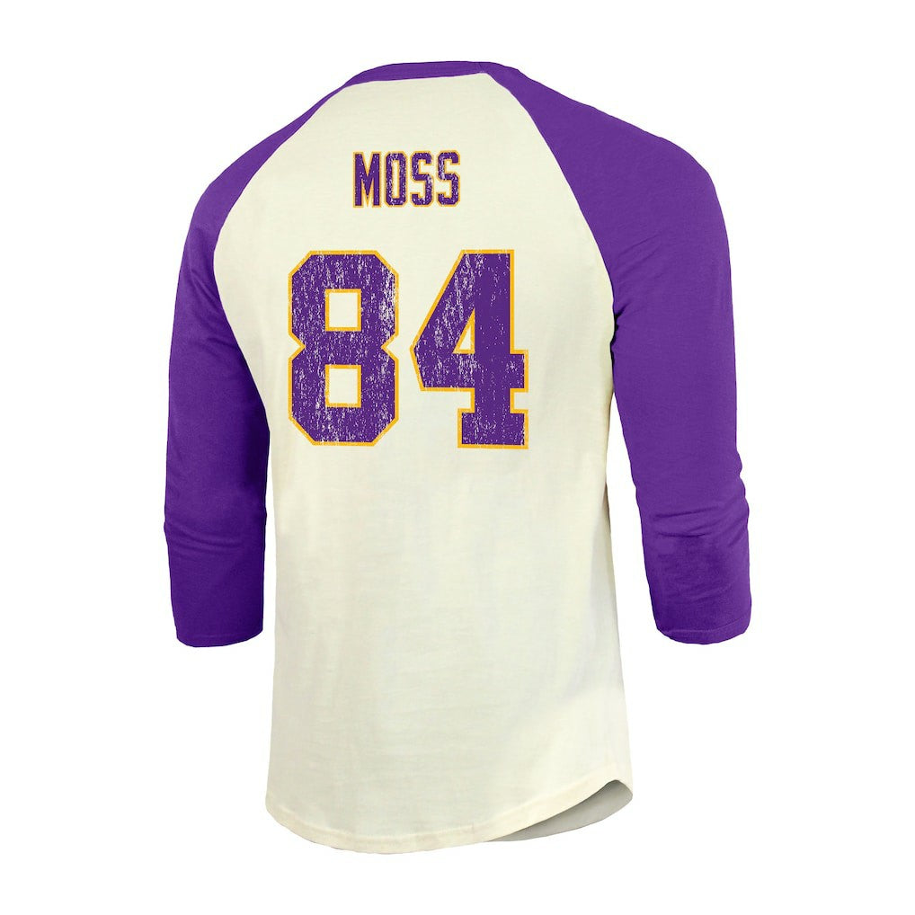 Randy Moss Minnesota Vikings Majestic Threads Retired Player Name & Number 3/4 Raglan Sleeve T-Shirt  - Cream/Purple on sale