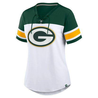 Green Bay Packers Women's Athena Rhinestone Lace-Up V-Neck T-Shirt - White/Green discount