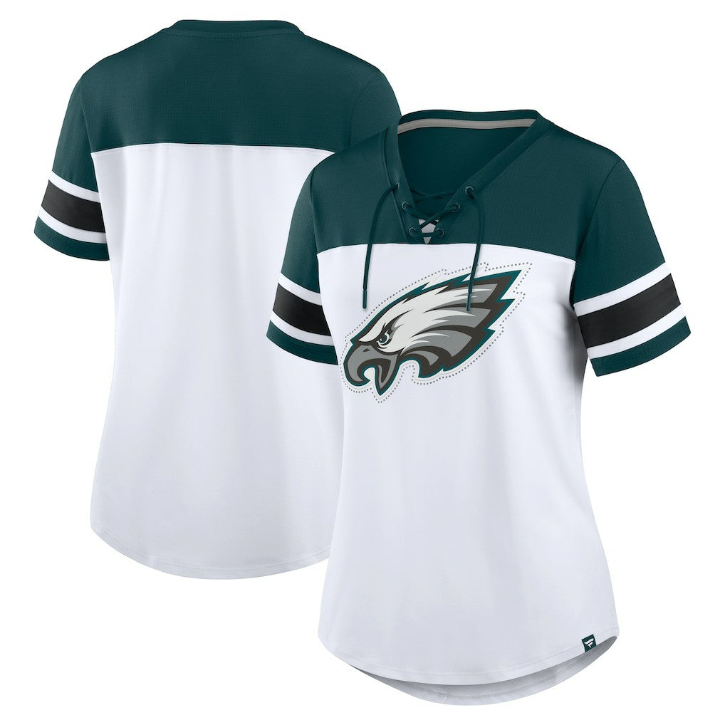 Philadelphia Eagles Women's Athena Rhinestone Lace-Up V-Neck T-Shirt - White/Midnight Green online