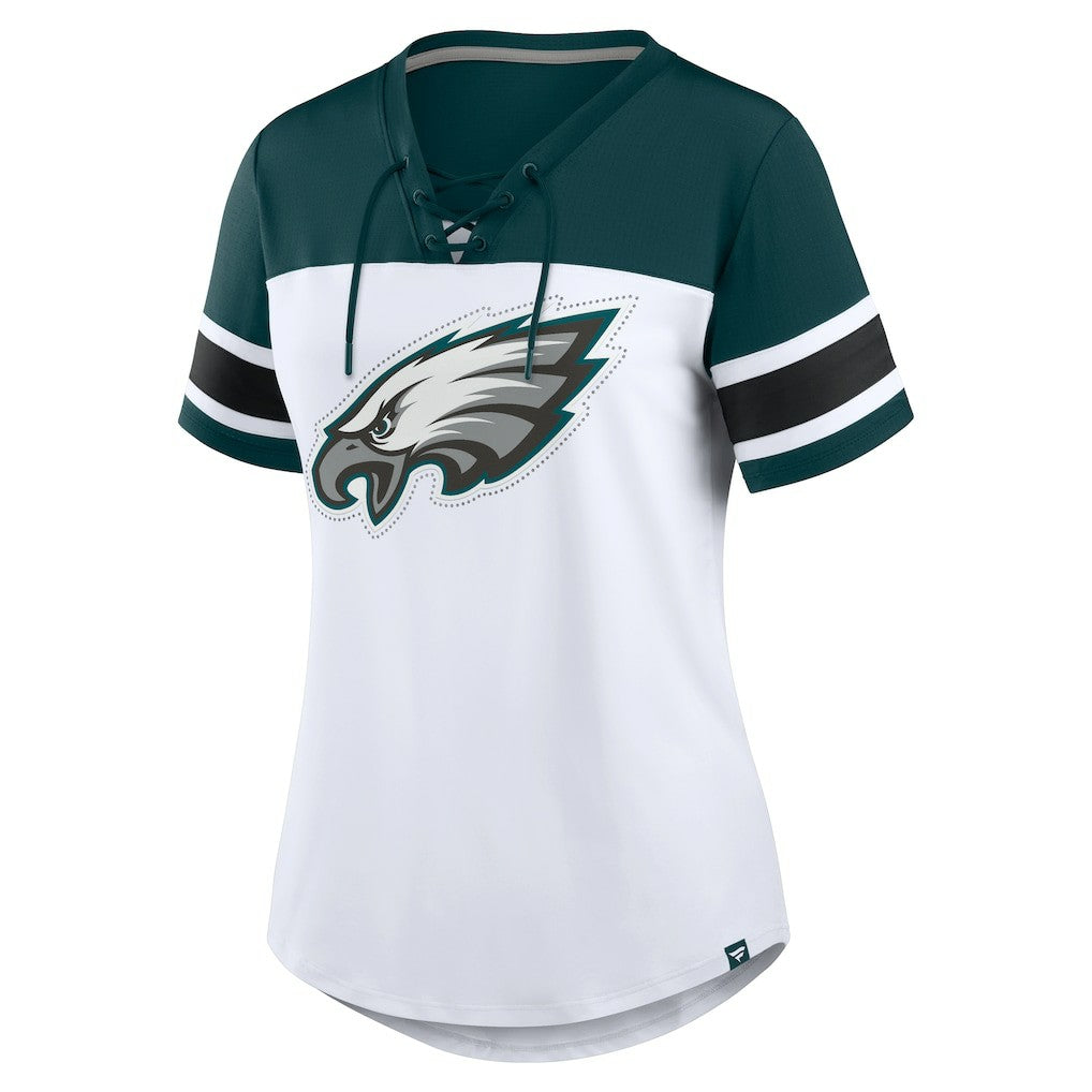 Philadelphia Eagles Women's Athena Rhinestone Lace-Up V-Neck T-Shirt - White/Midnight Green online