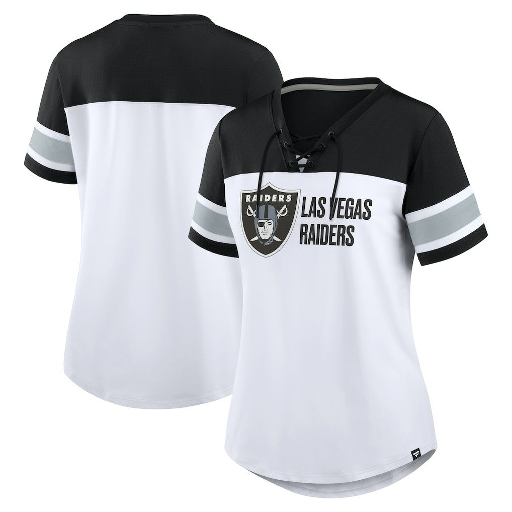 Las Vegas Raiders Women's Athena Lace-Up V-Neck T-Shirt - White/Black for sale