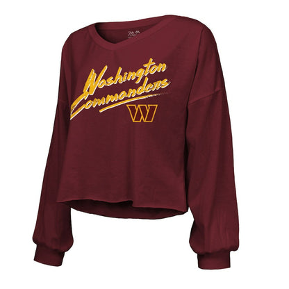 Jayden Daniels Washington Commanders Majestic Threads Women's Name & Number Off-Shoulder Script Cropped Long Sleeve Relaxed V-Neck T-Shirt - Burgundy outlet