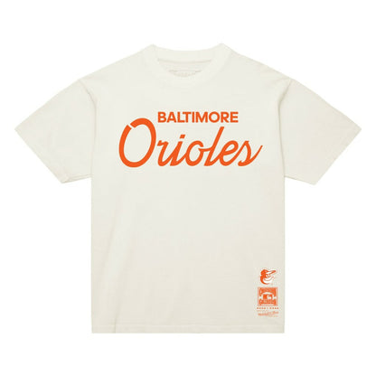 Baltimore Orioles Vintage Script T-Shirt - Cream | Mitchell & Ness