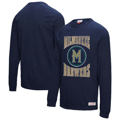 Milwaukee Brewers Arched Logo Slub Long Sleeve T-Shirt - Navy | Mitchell & Ness